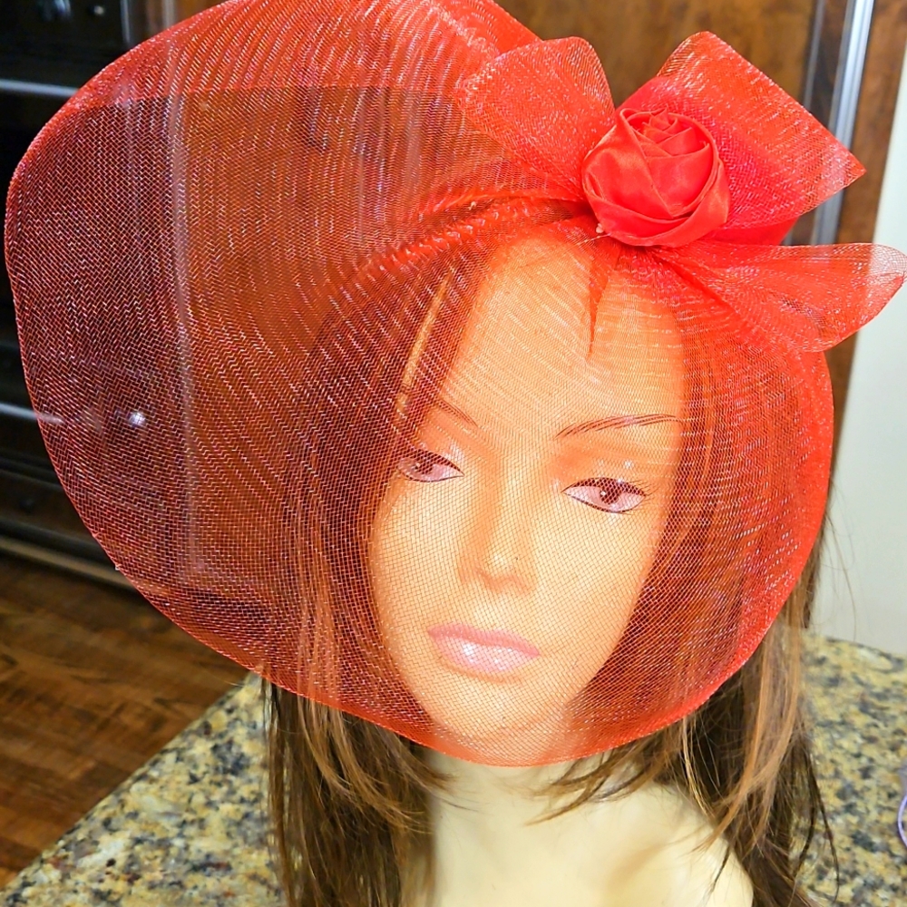 Red Mesh w/Hat Fascinator Derby Church TeaRed Bow Fascinator Hat